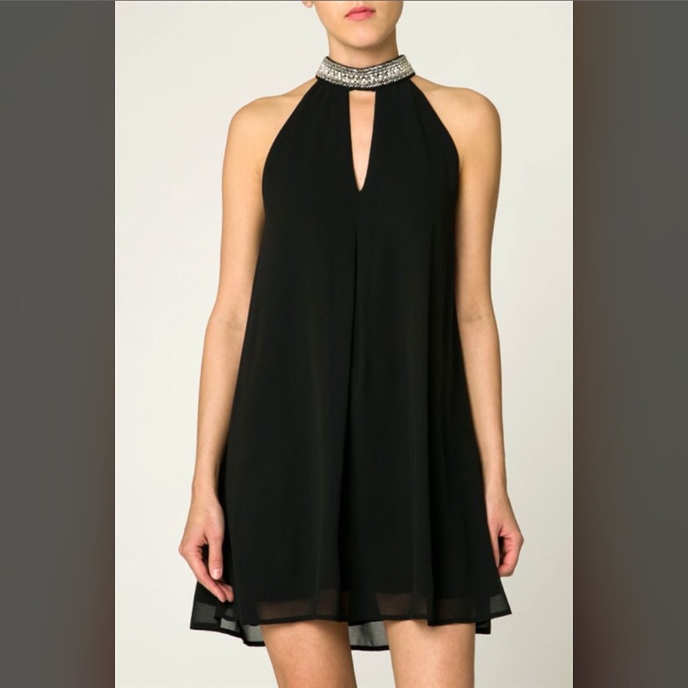 Rhinestone High Neck Collar Aline Cocktail Dress